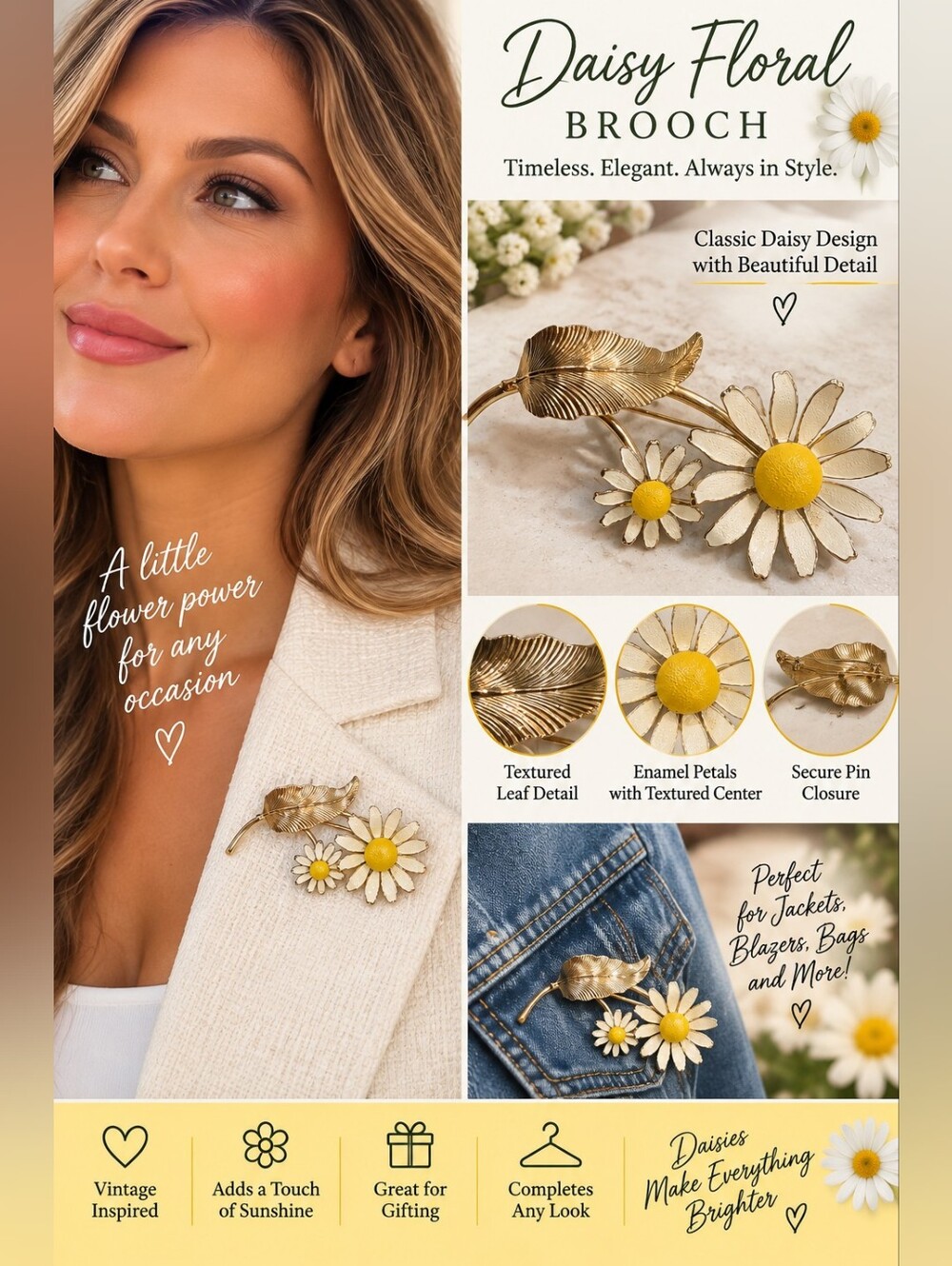 Daisy Floral Brooch Pin - Gold and Yellow Floral Accent